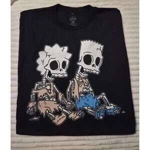 Black Graphic Bart and Lisa SImpsons Skeleton Cartoon T-Shirt